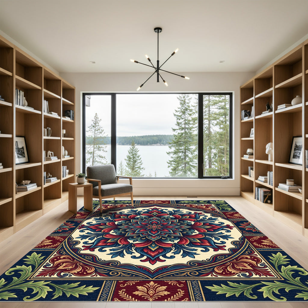 Vivid Crimson Blue Floral Mandala Art Rug