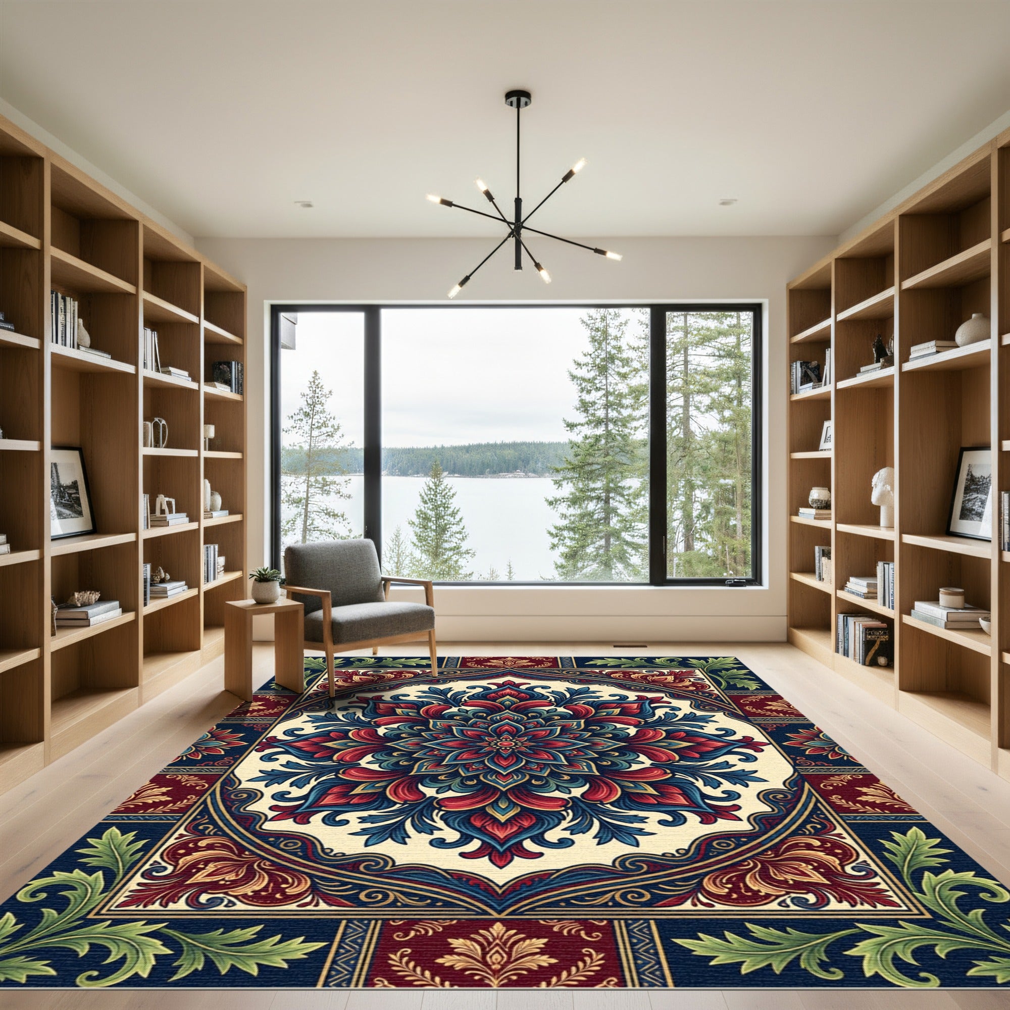 Vivid Crimson Blue Floral Mandala Art Rug
