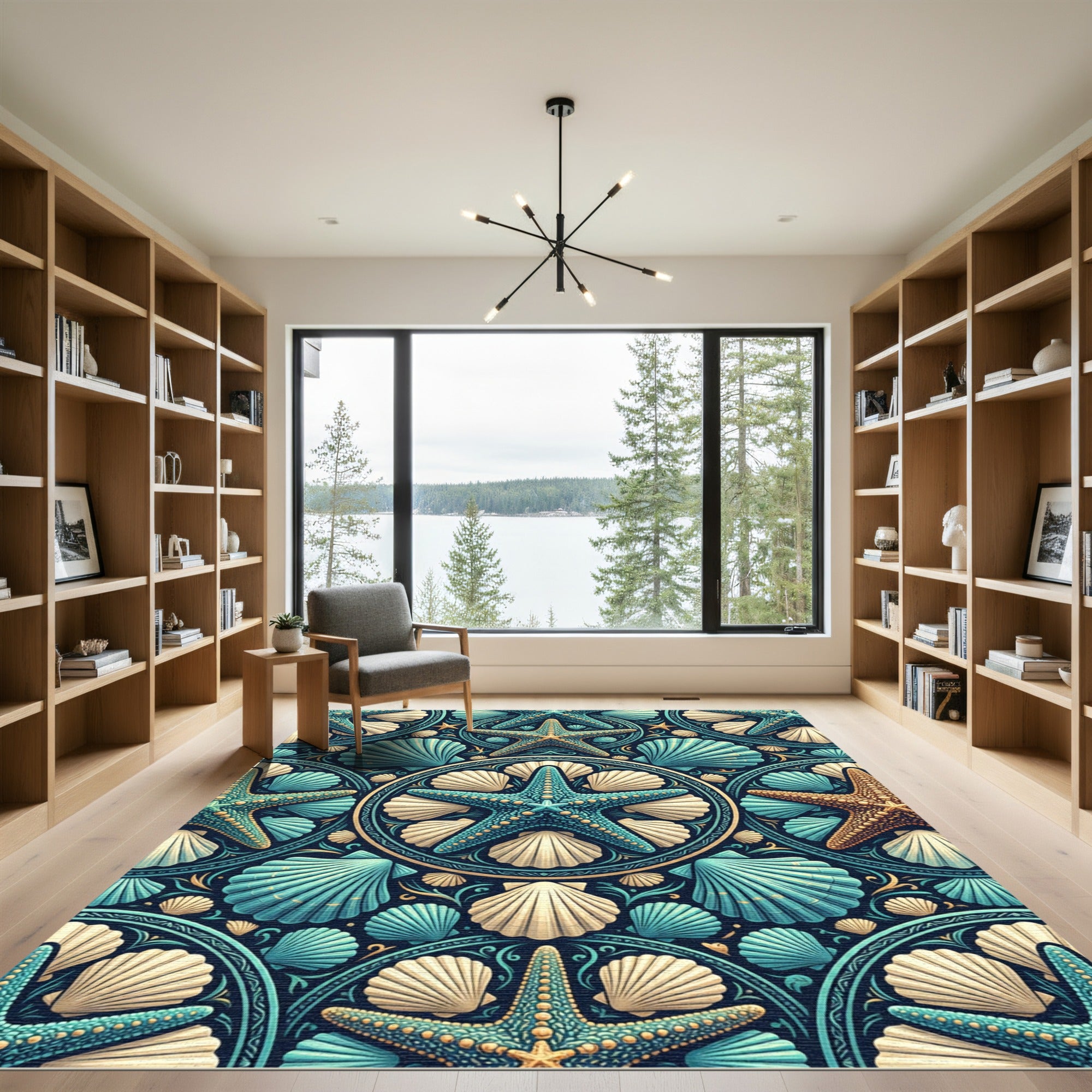 Teal Starfish and Seashell Ocean Medallion Rug