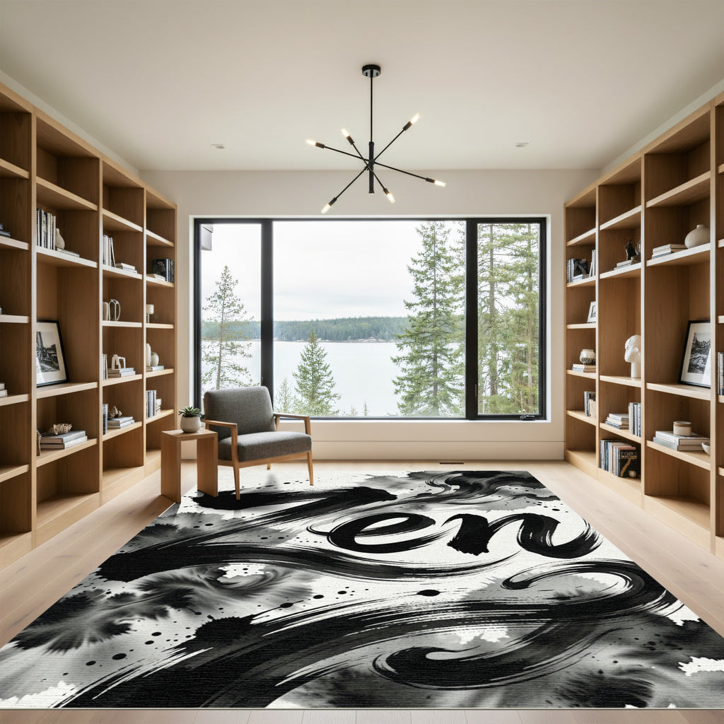 Black White Ink Wash Swirl Rug