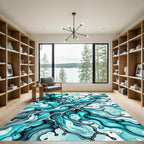 Liquid Teal Abstract Wave Art Rug