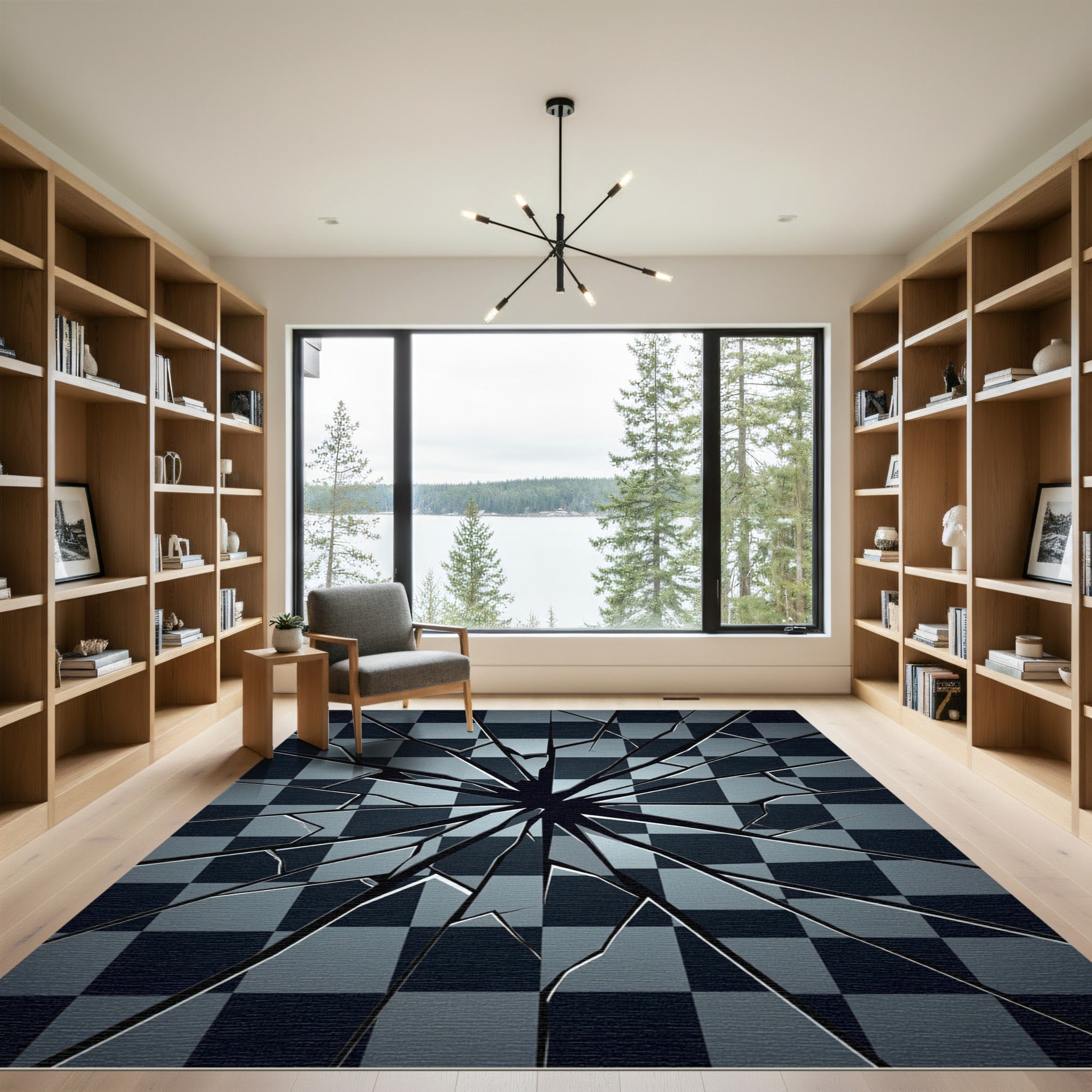 Dark Gray Cracked Checkered Field Rug