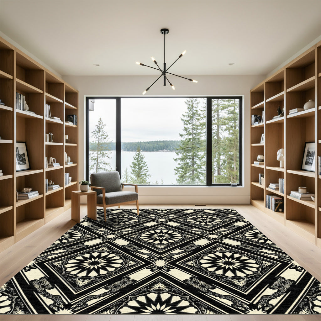Monochrome Geometric Star Diamond Tile Rug