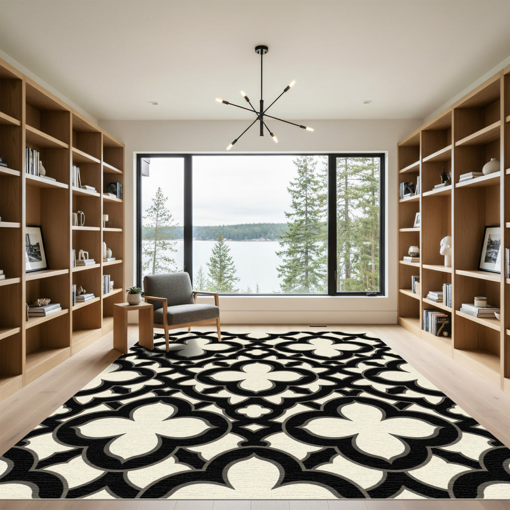 Classic Black and Cream Quatrefoil Grid Rug