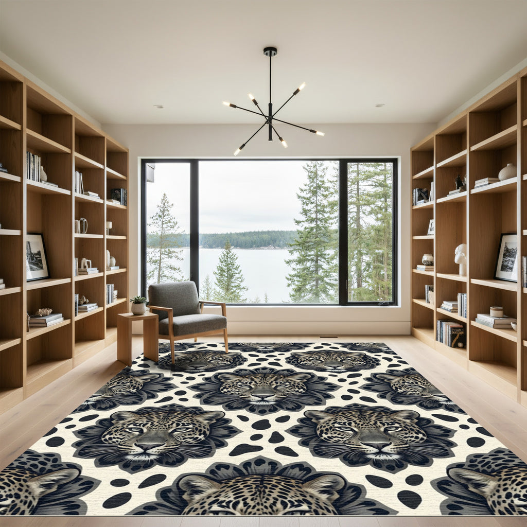 Leopard Head Floral Cream Black Art Rug