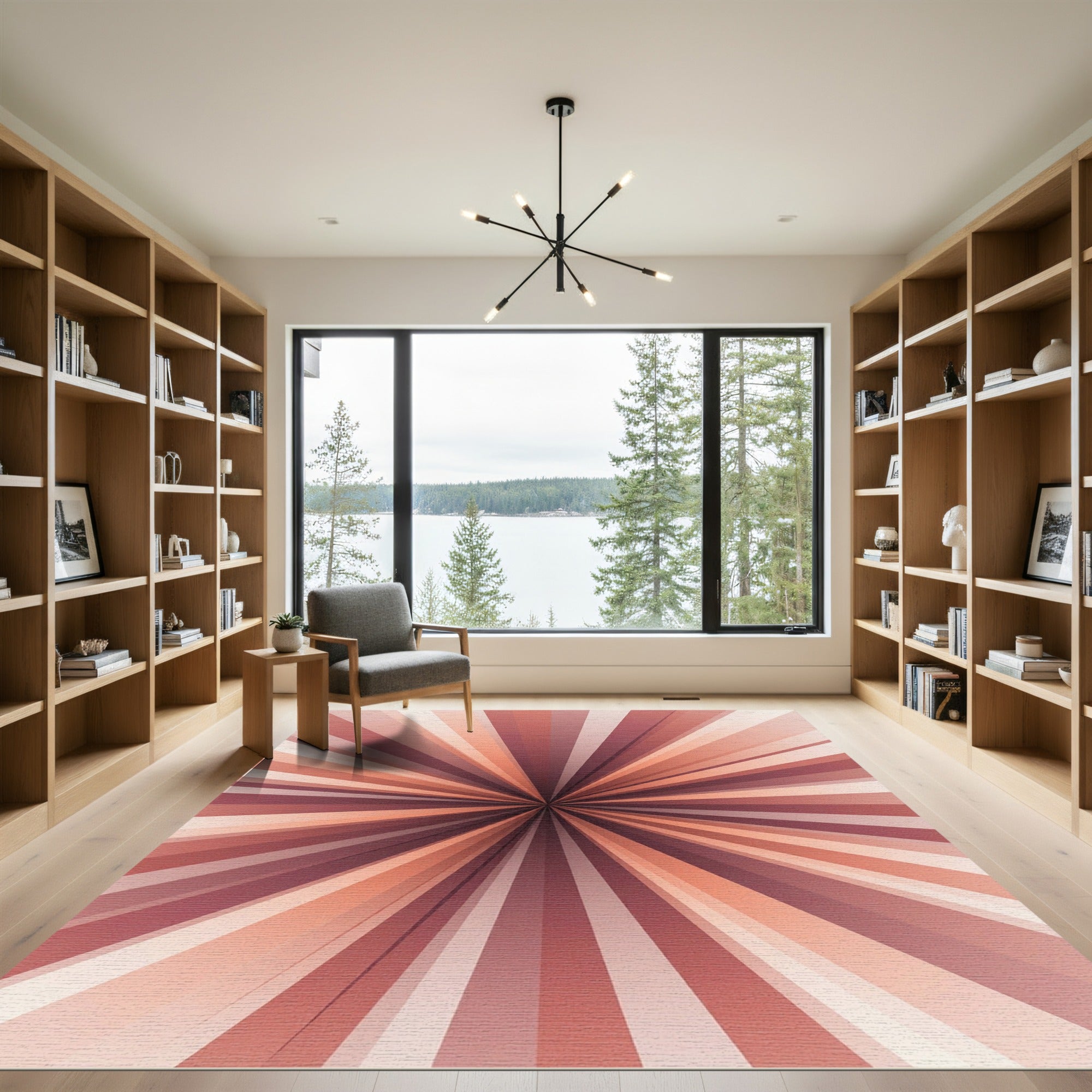 Warm Coral Sunburst Radiating Lines Rug