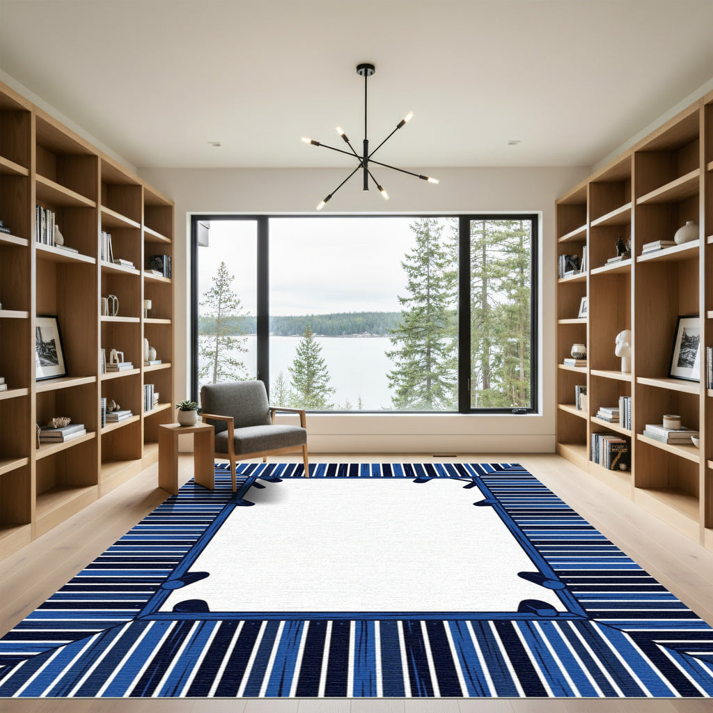 Navy Blue Linear Wood Plank Frame Rug