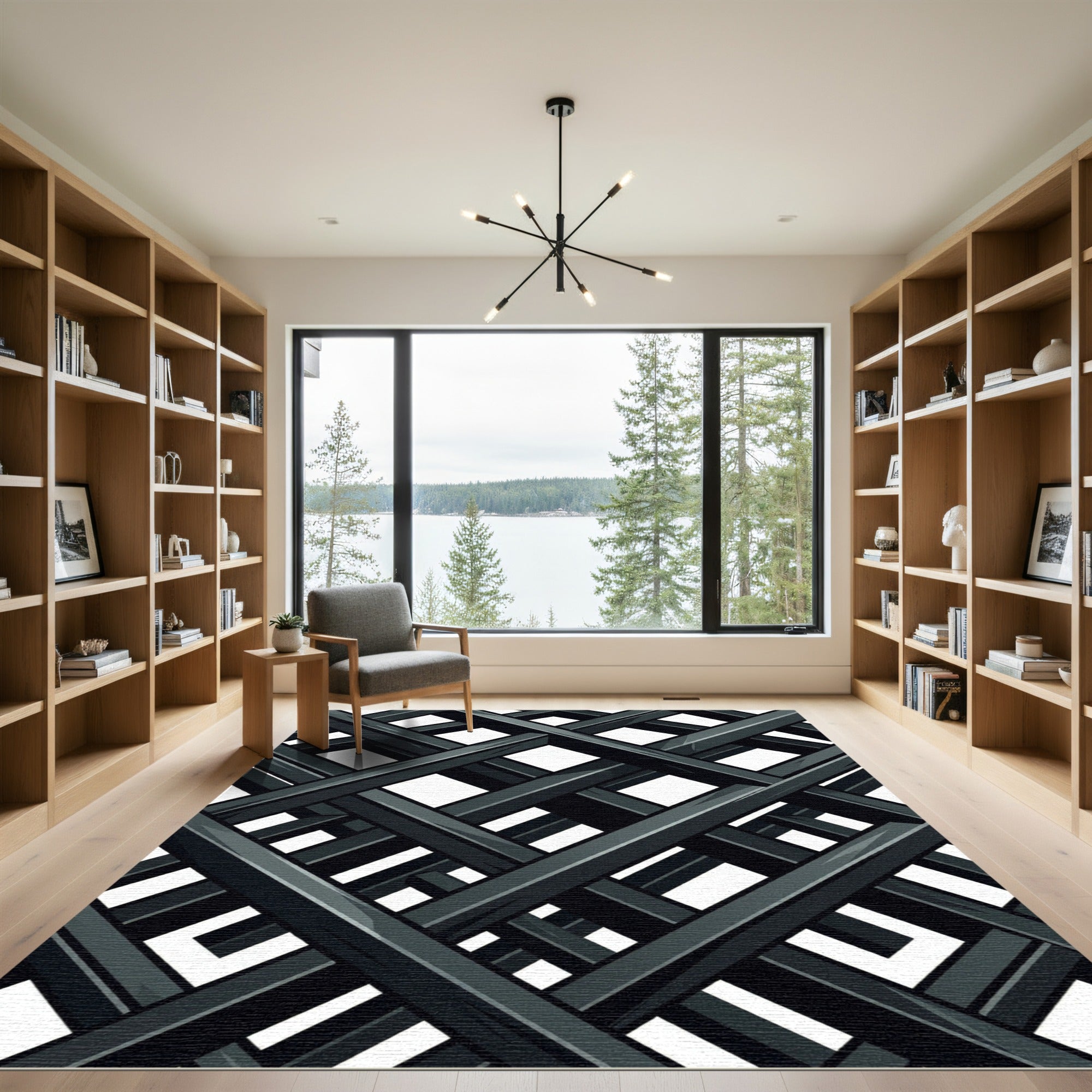 Monochrome Abstract Geometric Interlocking Grid Rug