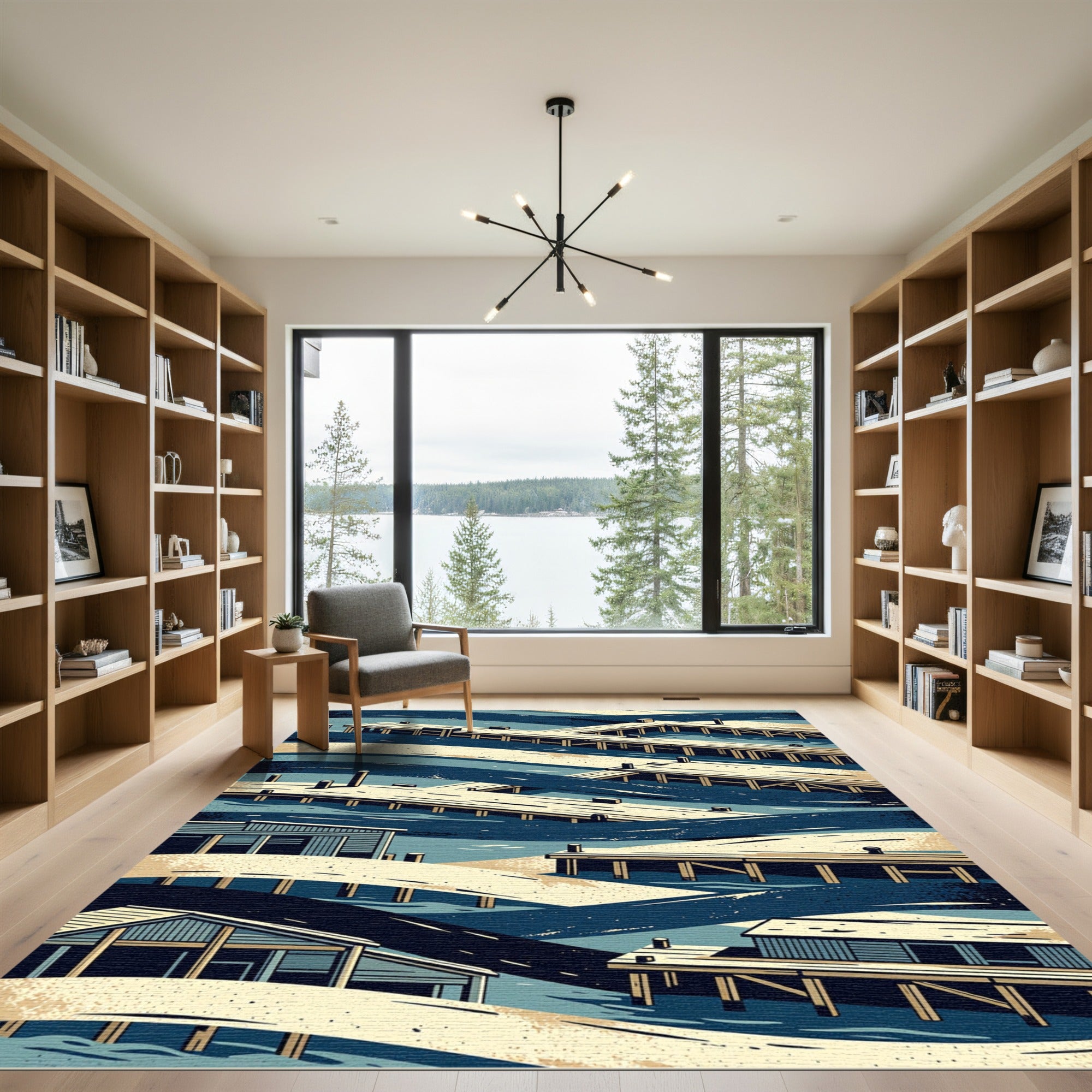 Geometric Navy Coastal Pier Shoreline Rug