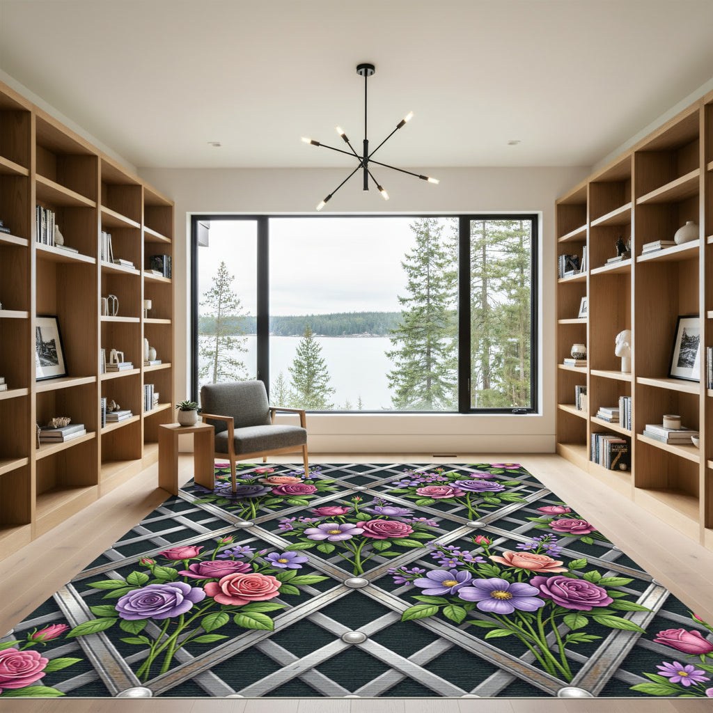 Pink Purple Rose Trellis Garden Rug