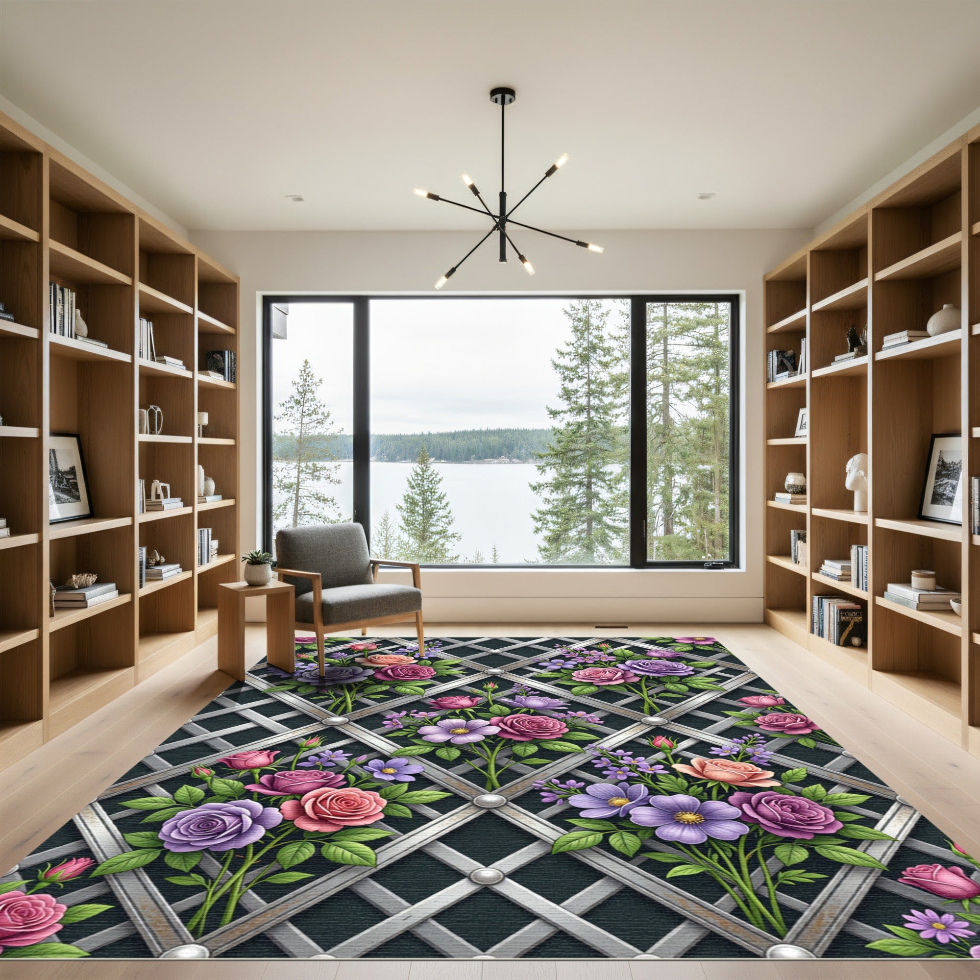 Pink Purple Rose Trellis Garden Rug