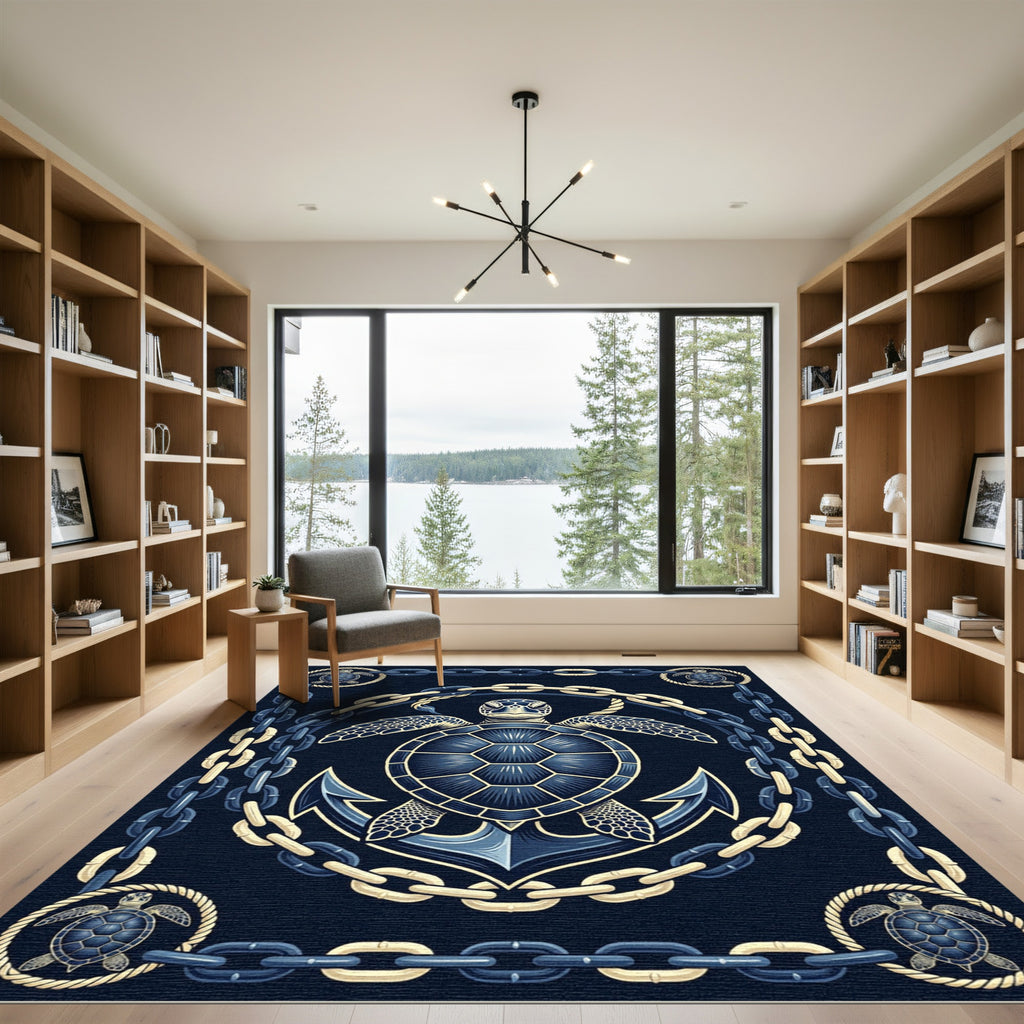 Nautical Navy Turtle and Anchor Illustration Rug