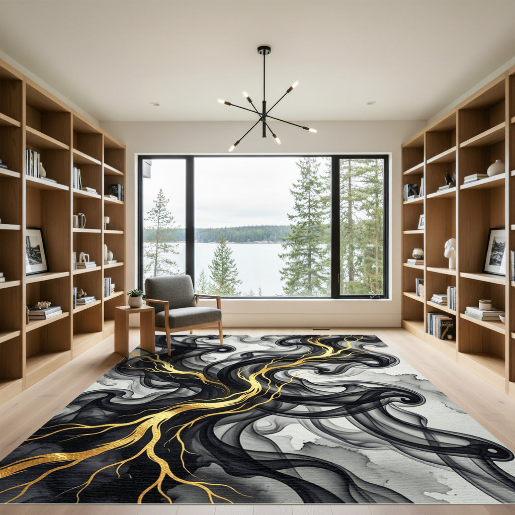 Black Smoked Ink with Golden Branches Rug