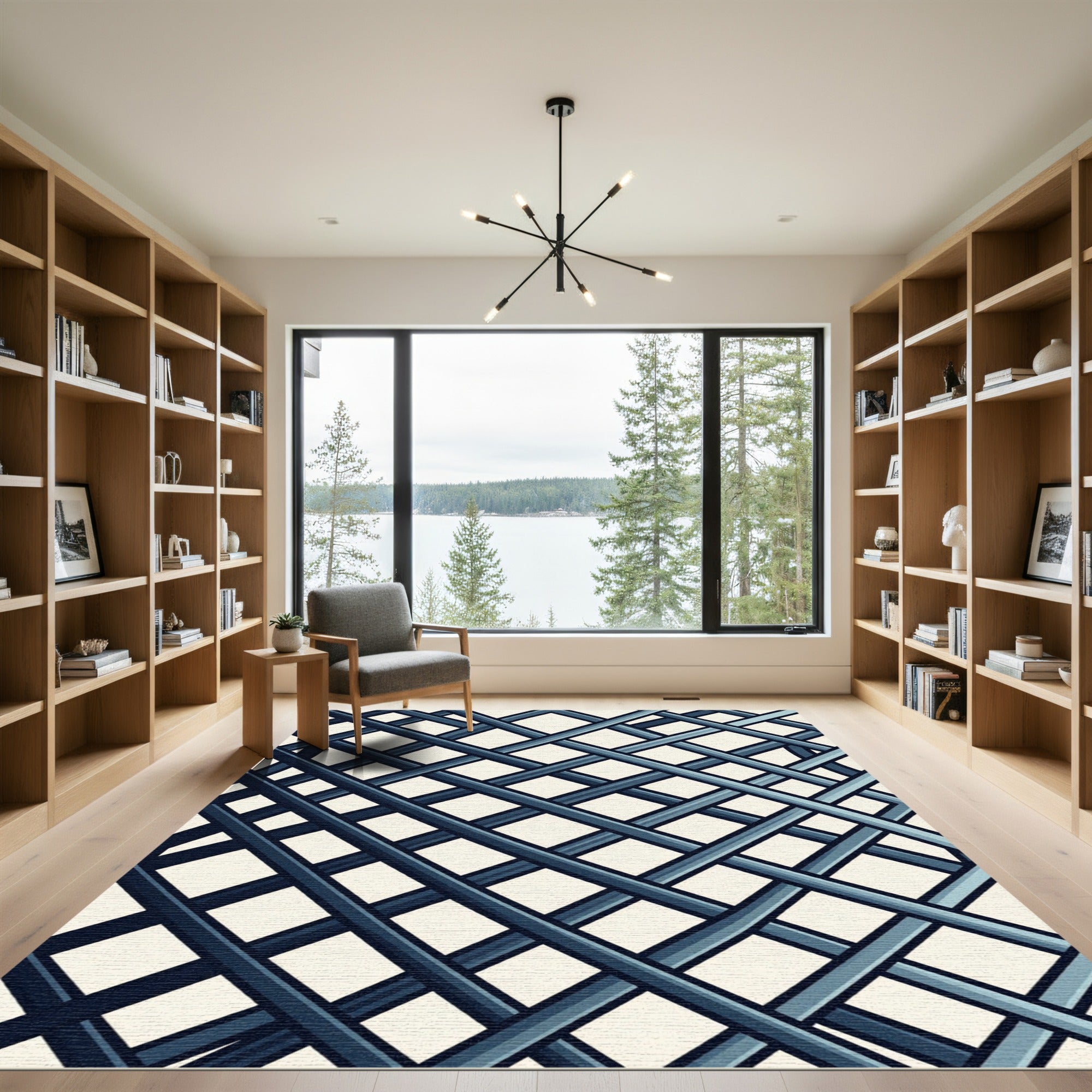 Sophisticated Slate Blue Intersecting Grid Rug