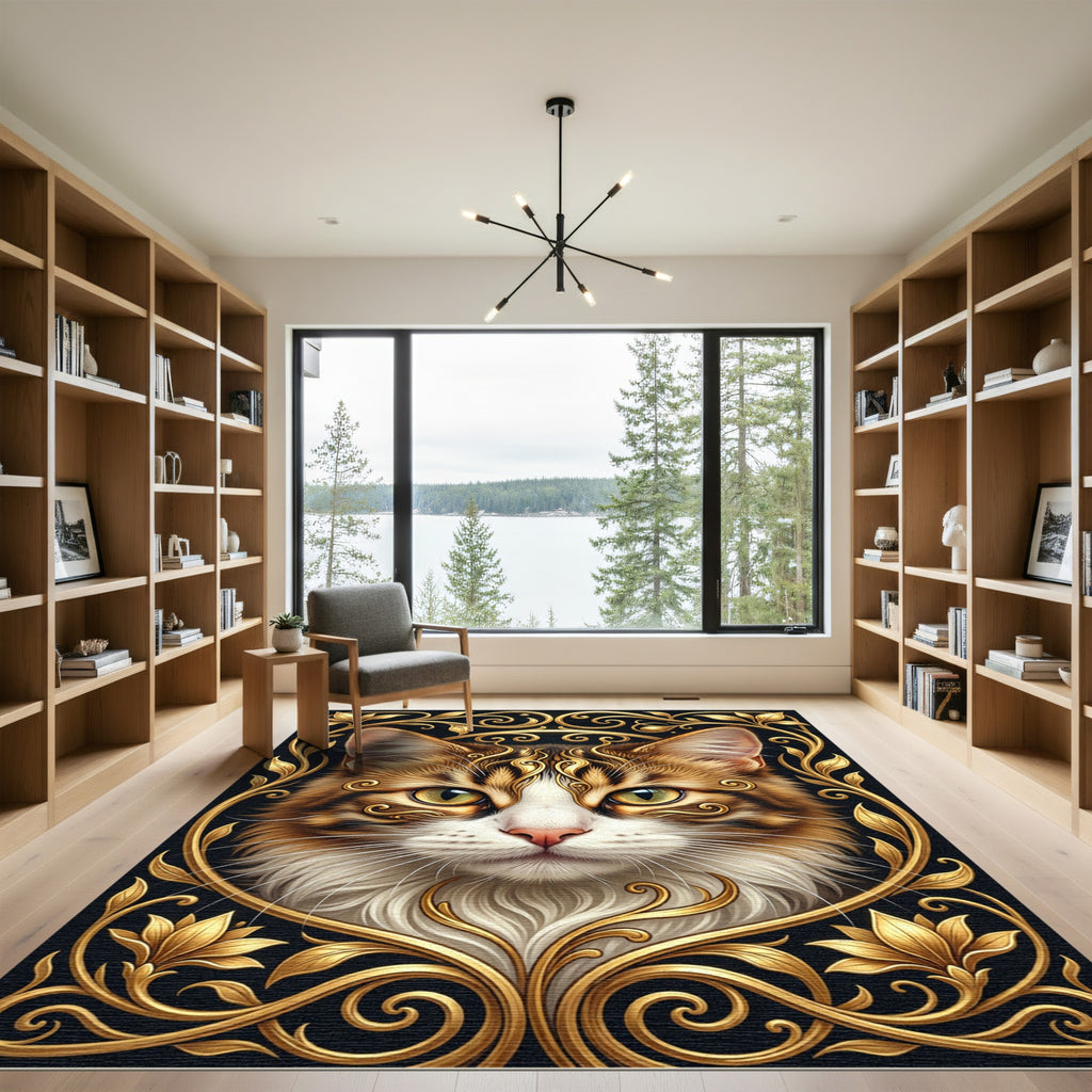 Ornate Gold Feline Elegant Frame Rug