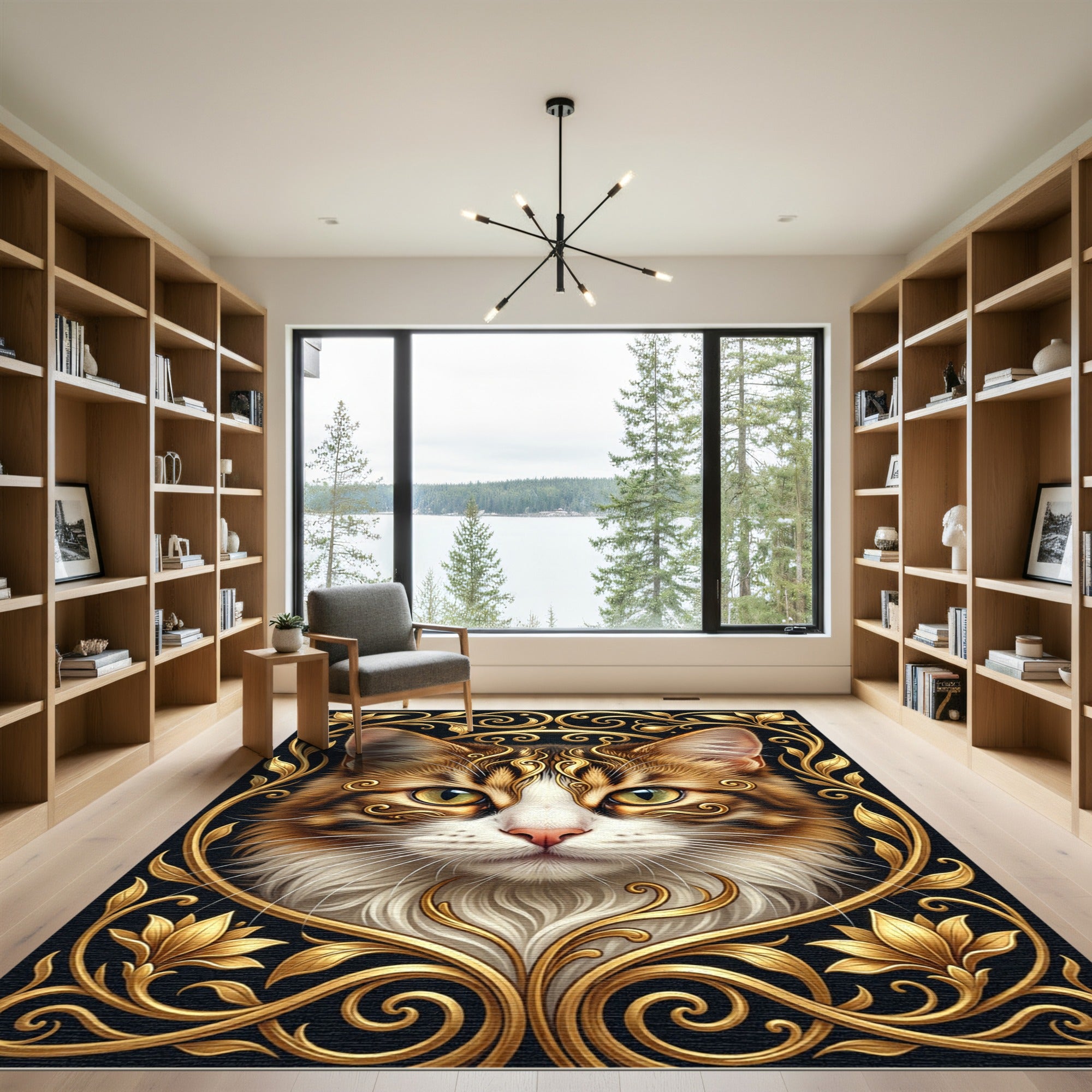 Ornate Gold Feline Elegant Frame Rug