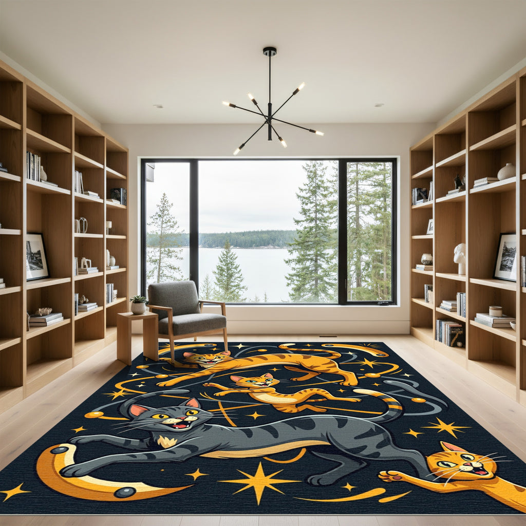 Playful Orange Gray Cats Stars Rug