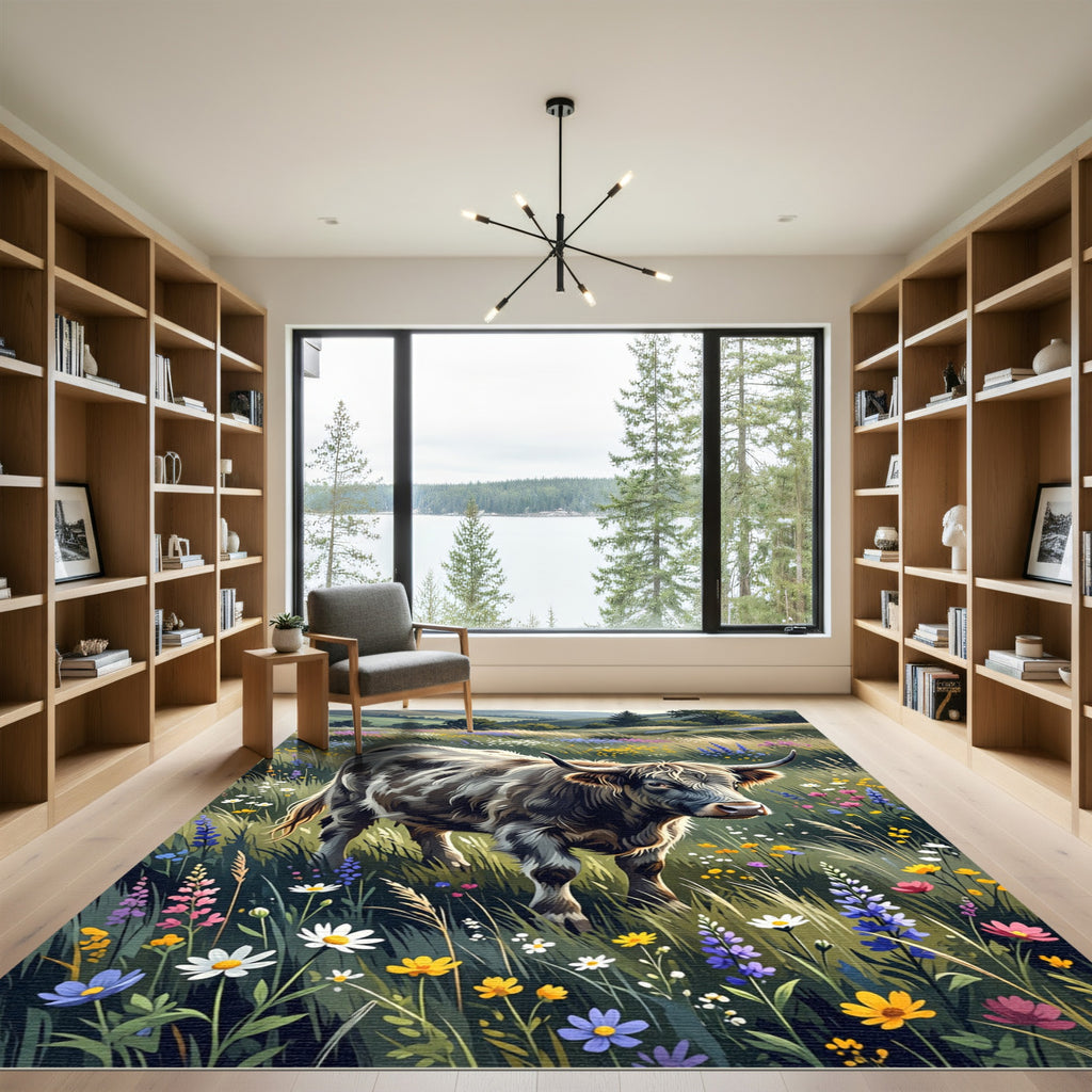Highland Cow Scenic Meadow Floral Art Rug