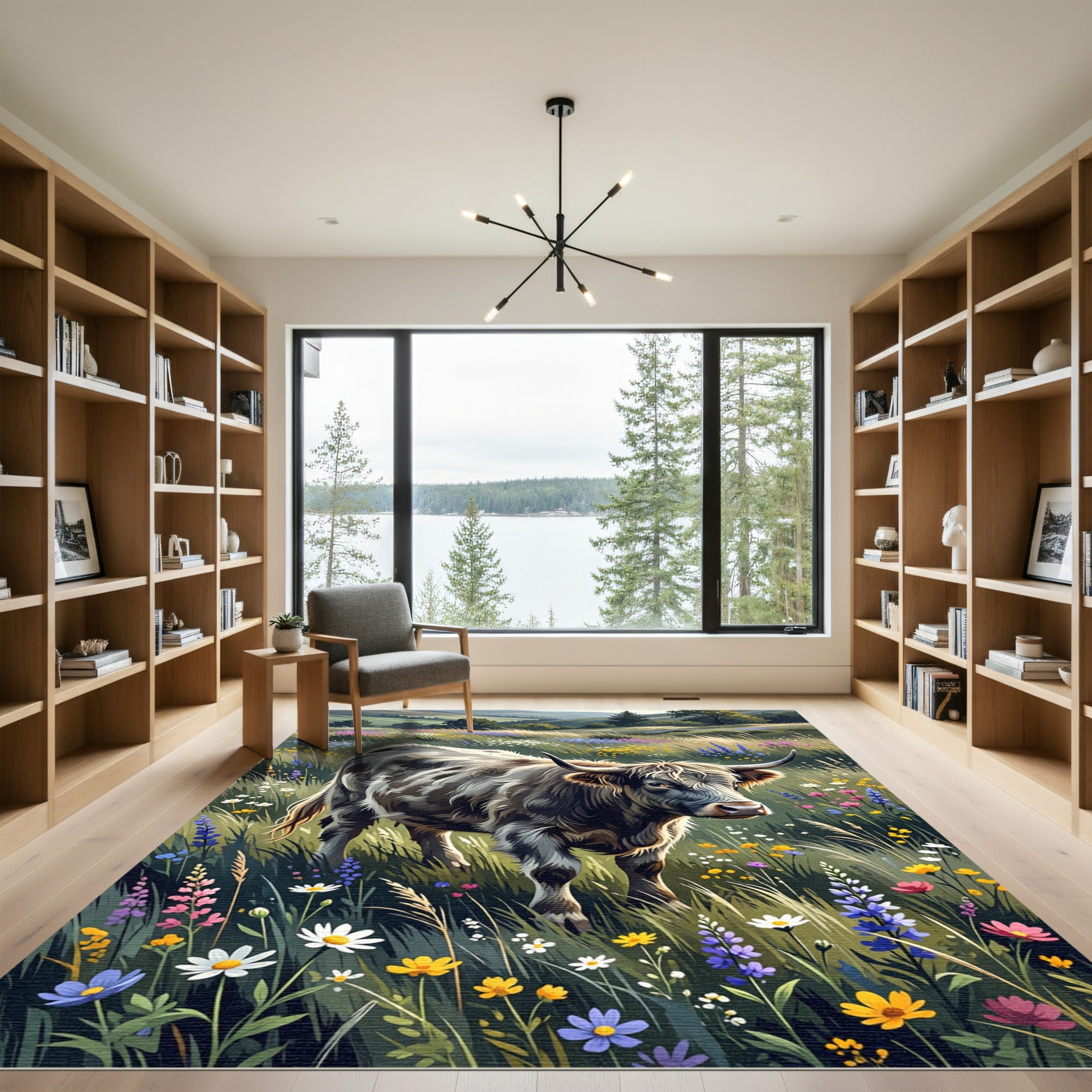 Highland Cow Scenic Meadow Floral Art Rug