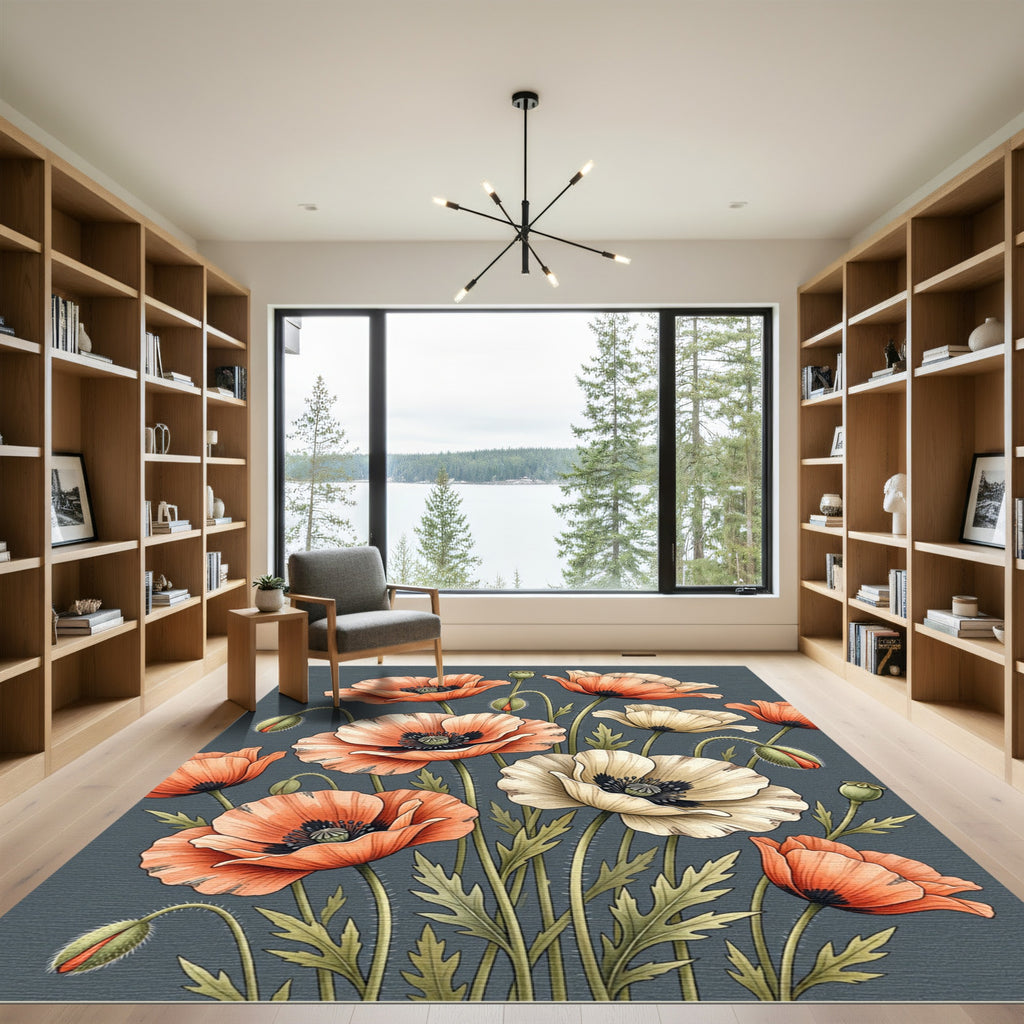 Coral Cream Poppy Floral Arrangement Rug