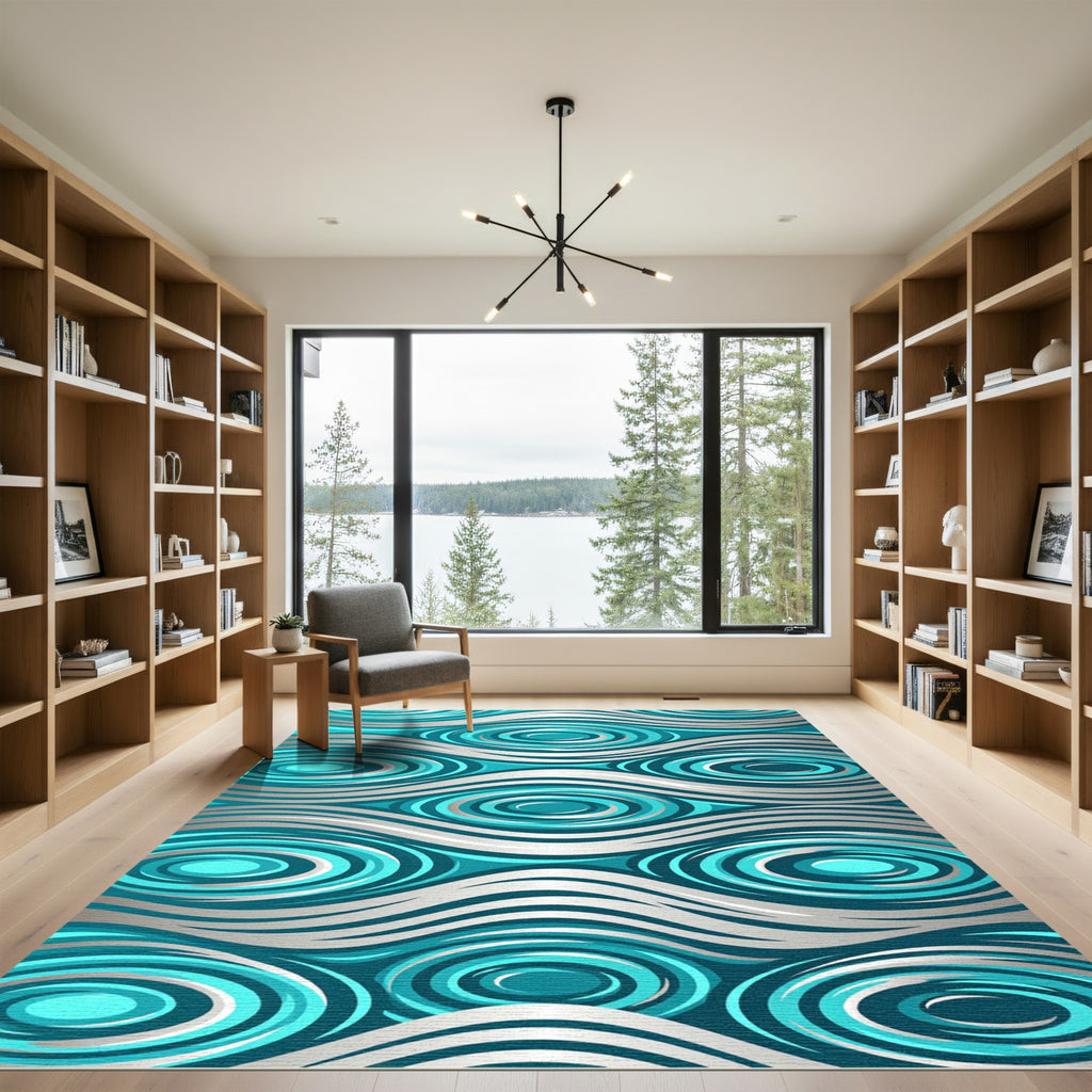 Modern Teal and Silver Rippled Swirl Rug