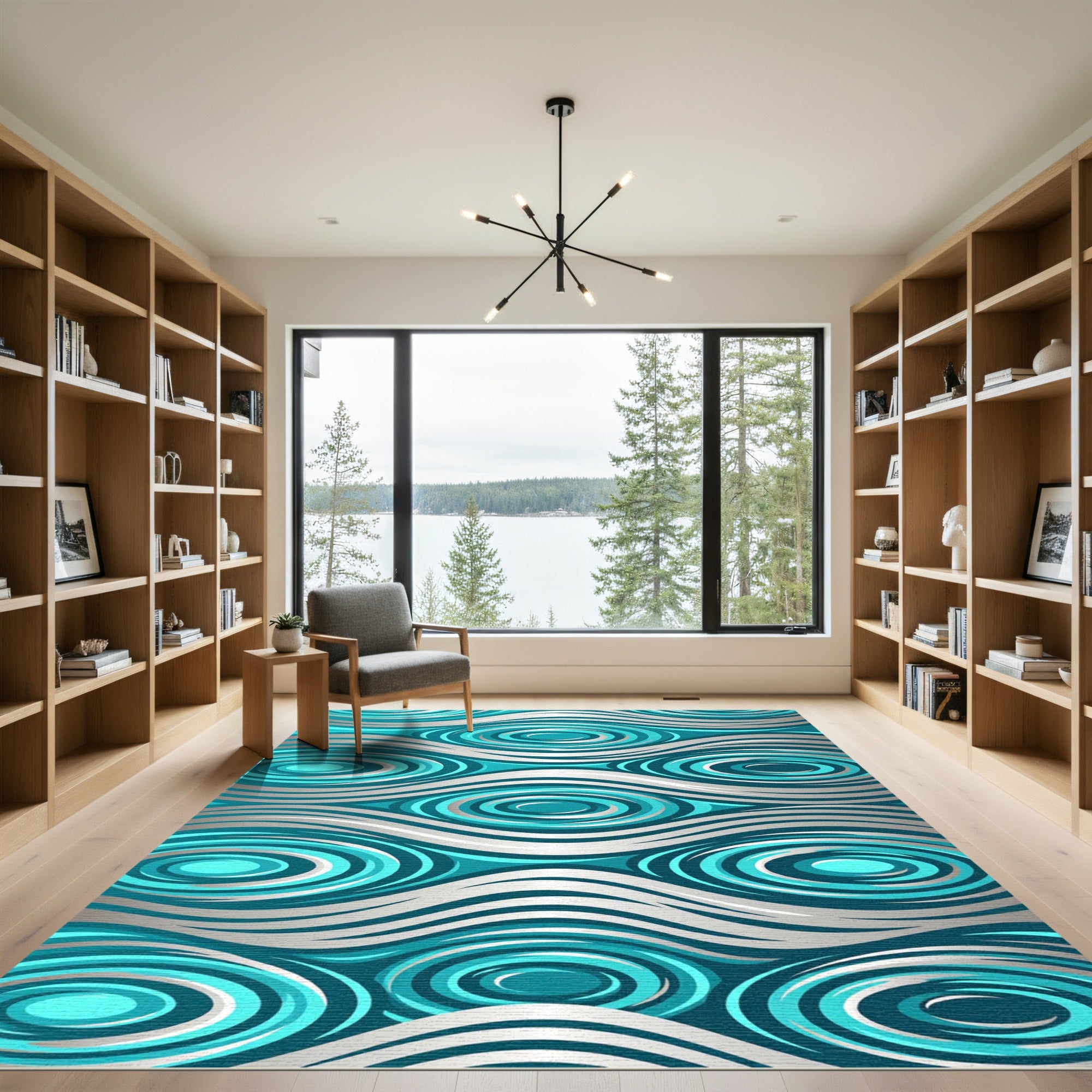 Modern Teal and Silver Rippled Swirl Rug