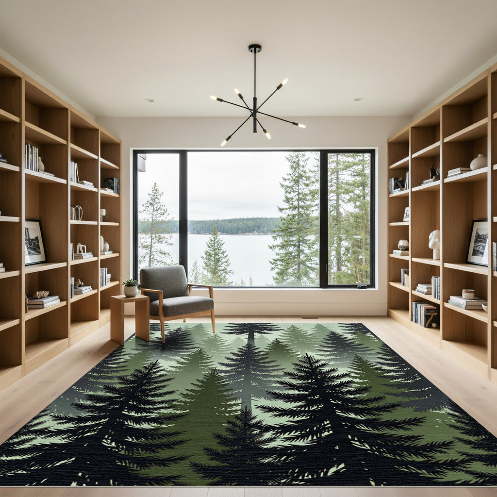 Matte Foggy Evergreen Forest Panorama Rug