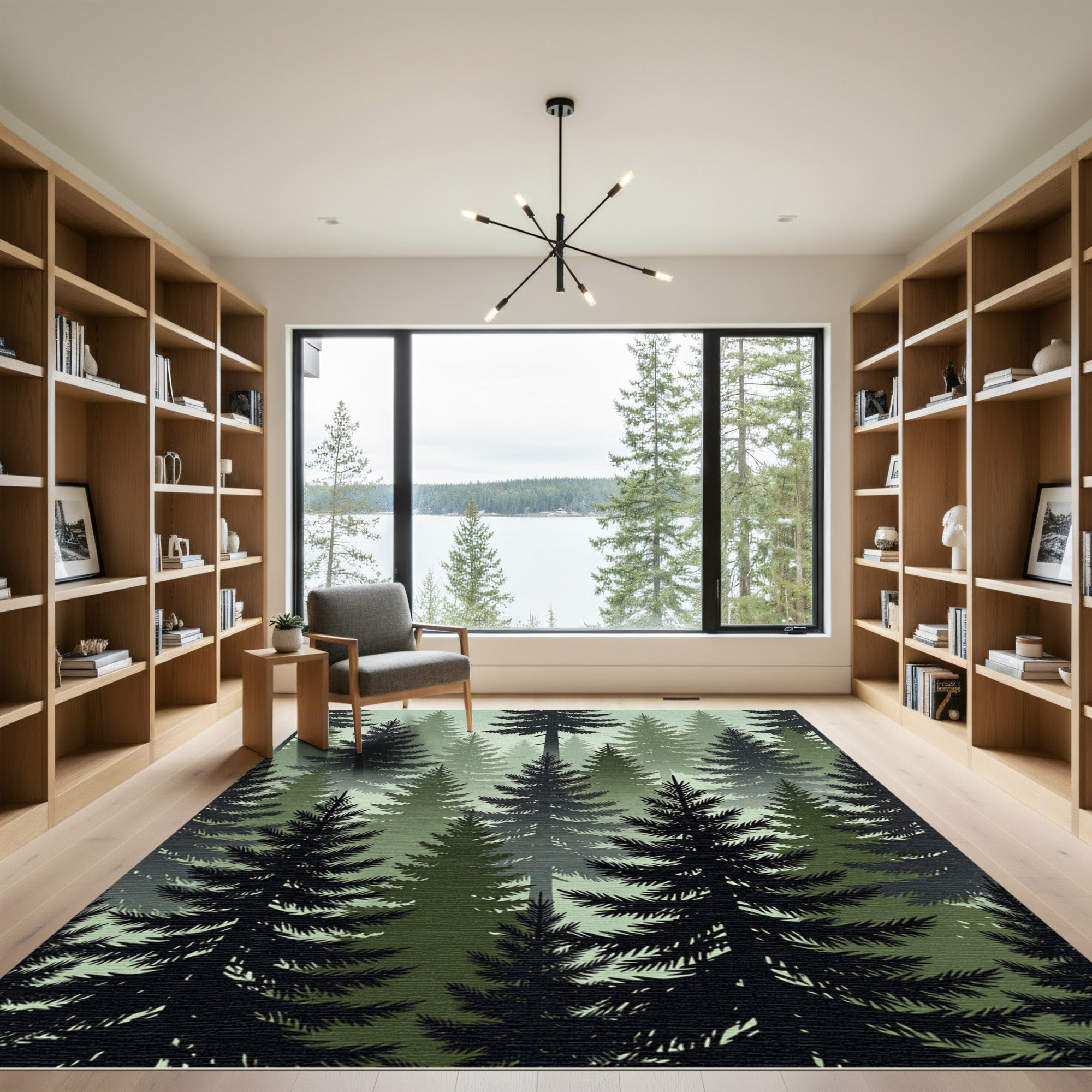 Matte Foggy Evergreen Forest Panorama Rug