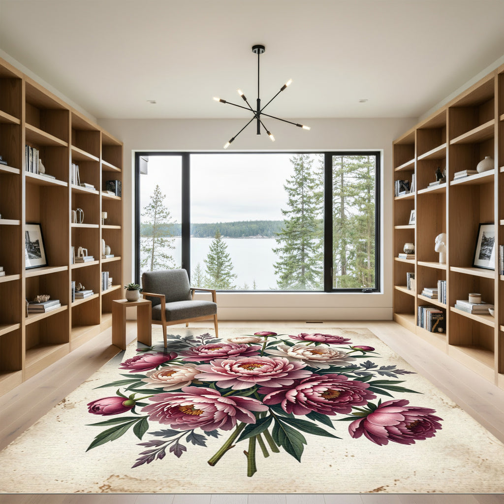 Crimson Pink Peony Garden Collage Rug