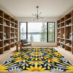 Golden Daisy Floral Mandala Over Navy Rug