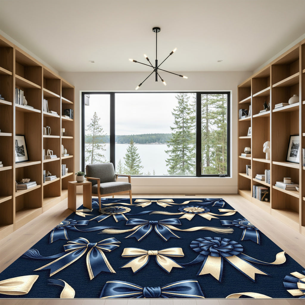 Elegant Navy and Cream Ribbon Bows Rug