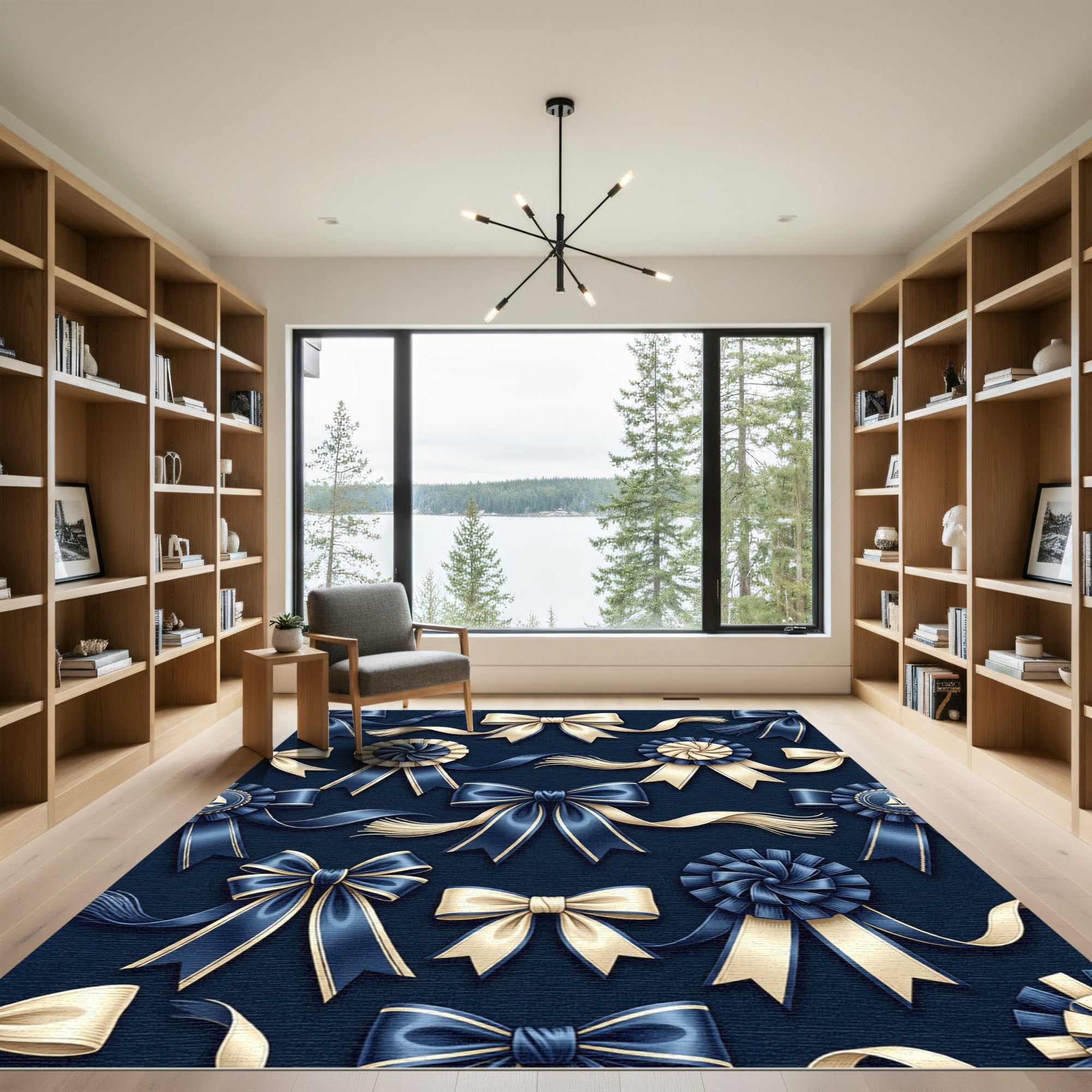 Elegant Navy and Cream Ribbon Bows Rug
