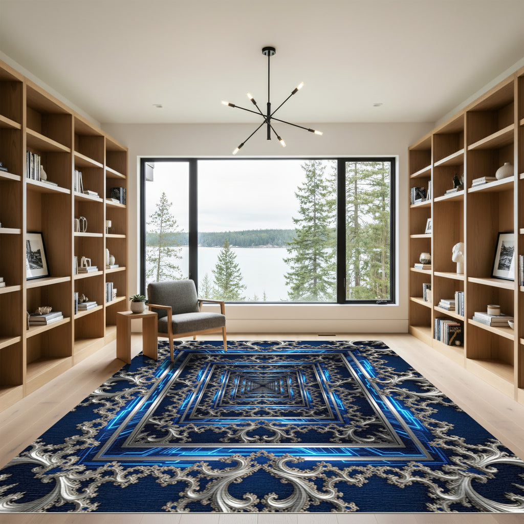 Neon Infinity Baroque Silver Blue Fractal Rug