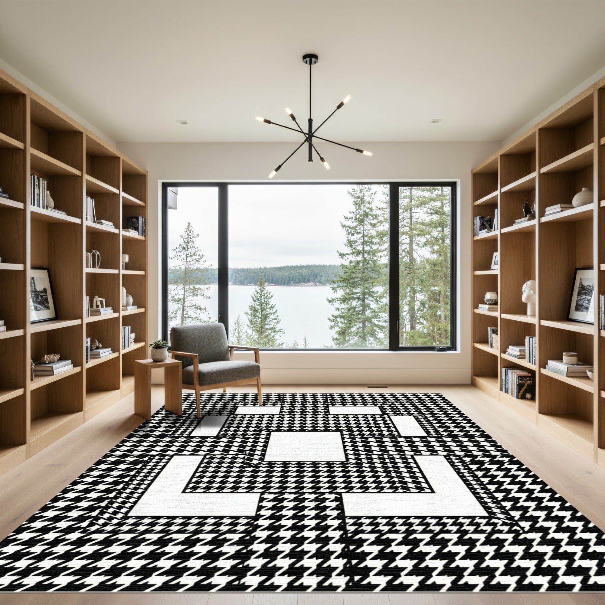 Monochrome Houndstooth Geometric Block Grid Rug