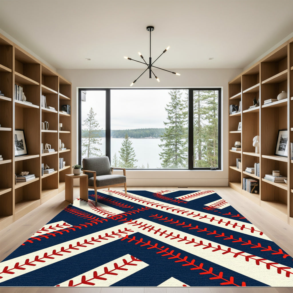 Navy and Cream Baseball Stitch Geometric Rug