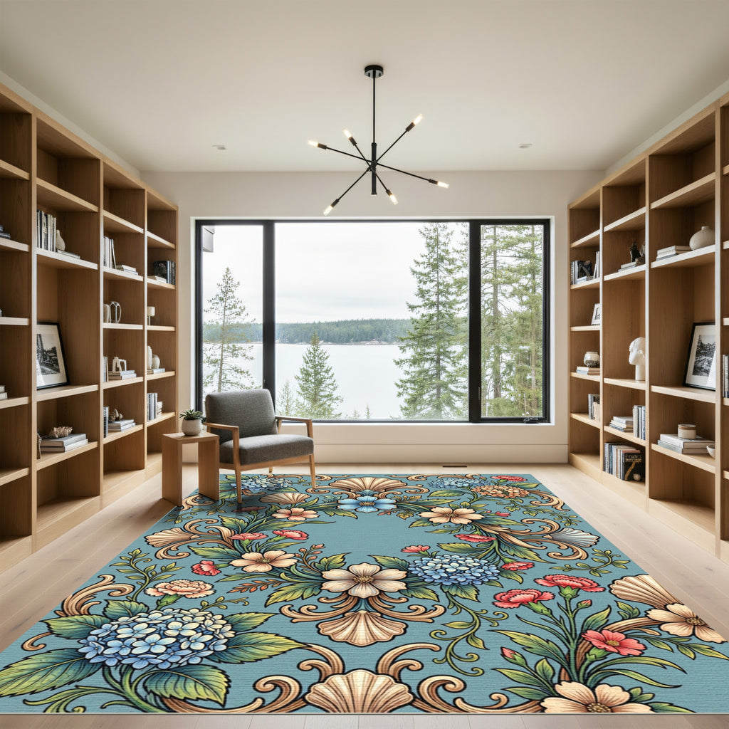 Elegant Floral Shell Scrollwork Blue Rug