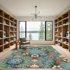 Elegant Floral Shell Scrollwork Blue Rug