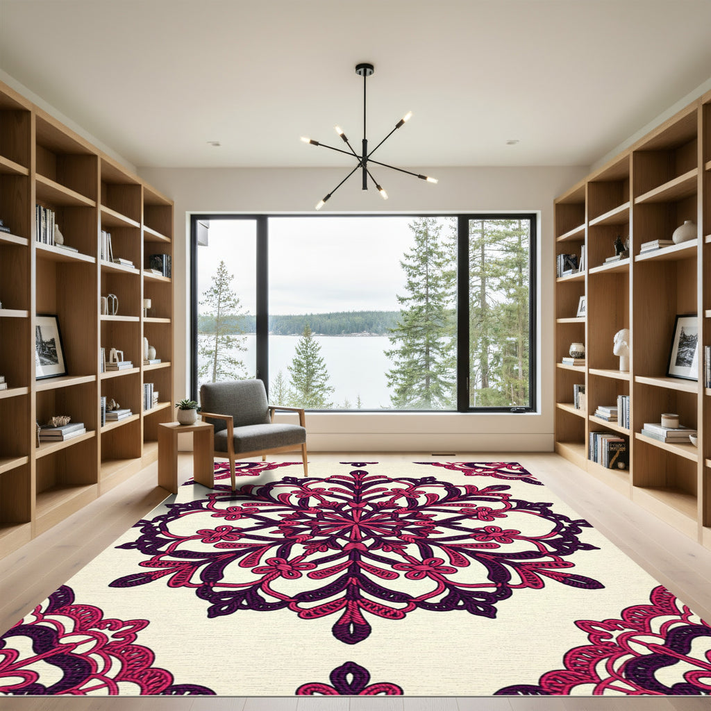 Fuchsia Crimson Lace Mandala Round Rug