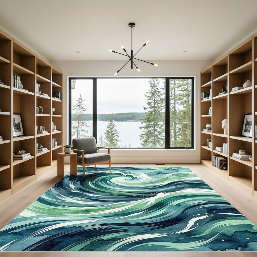 Abstract Teal Ocean Wave Swirl Rug