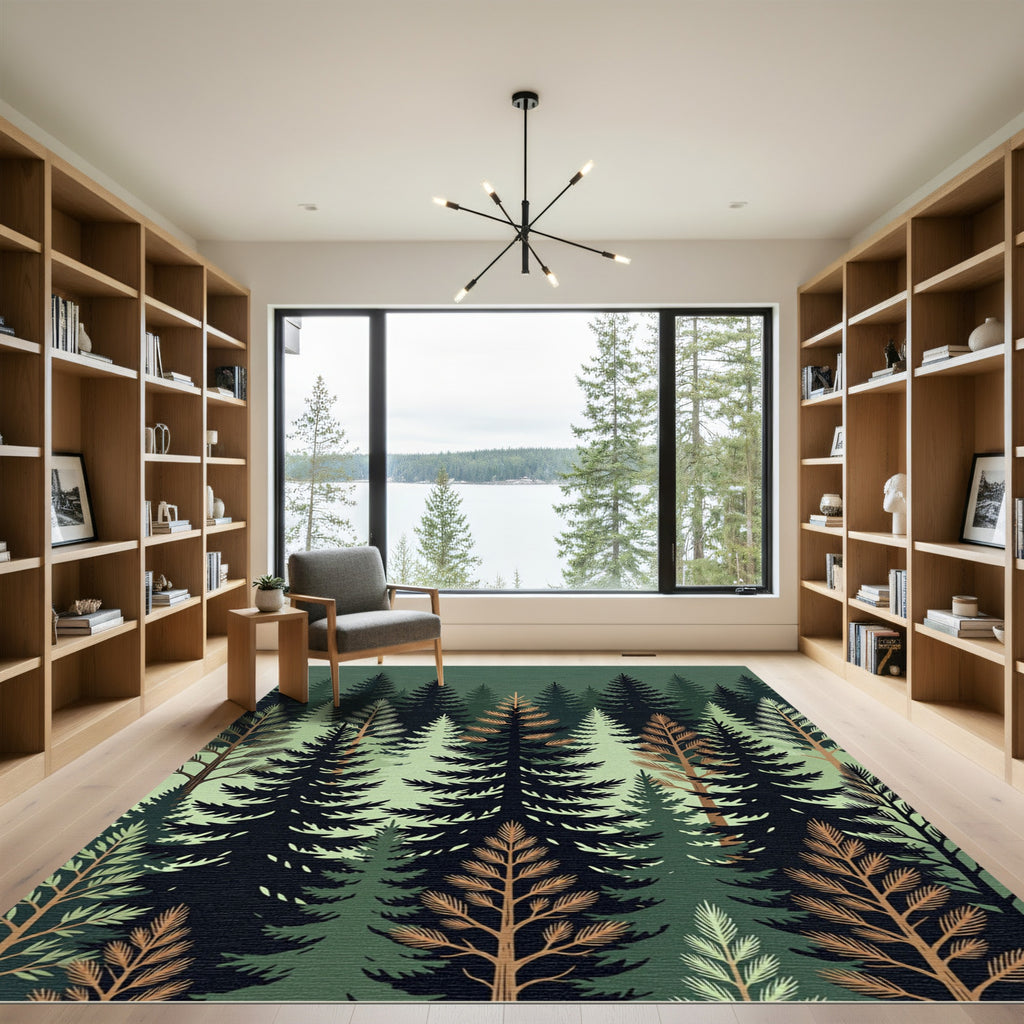 Dark Forest Pine Tree Silhouette Rug