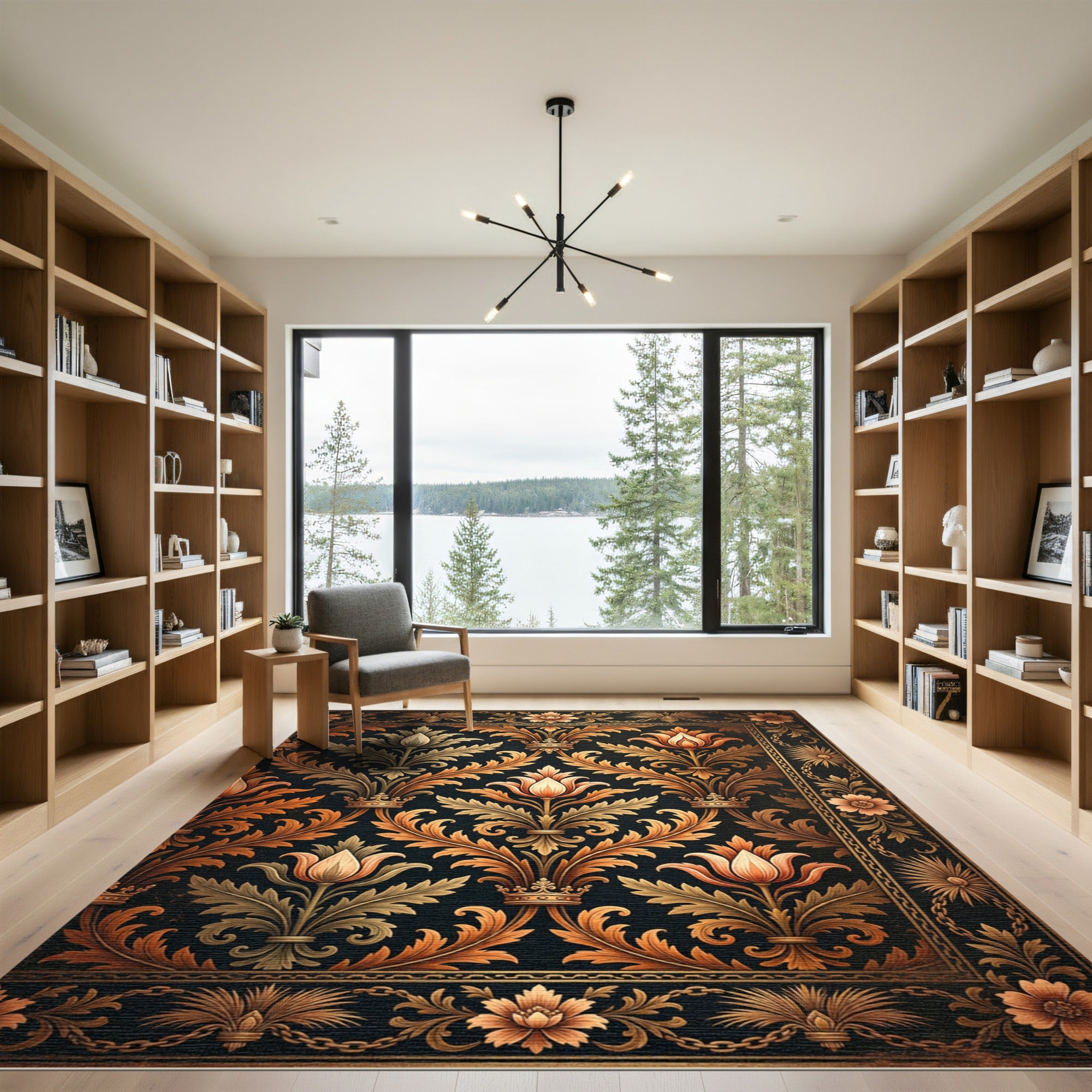 Gilded Floral Crown Damask Black Rug