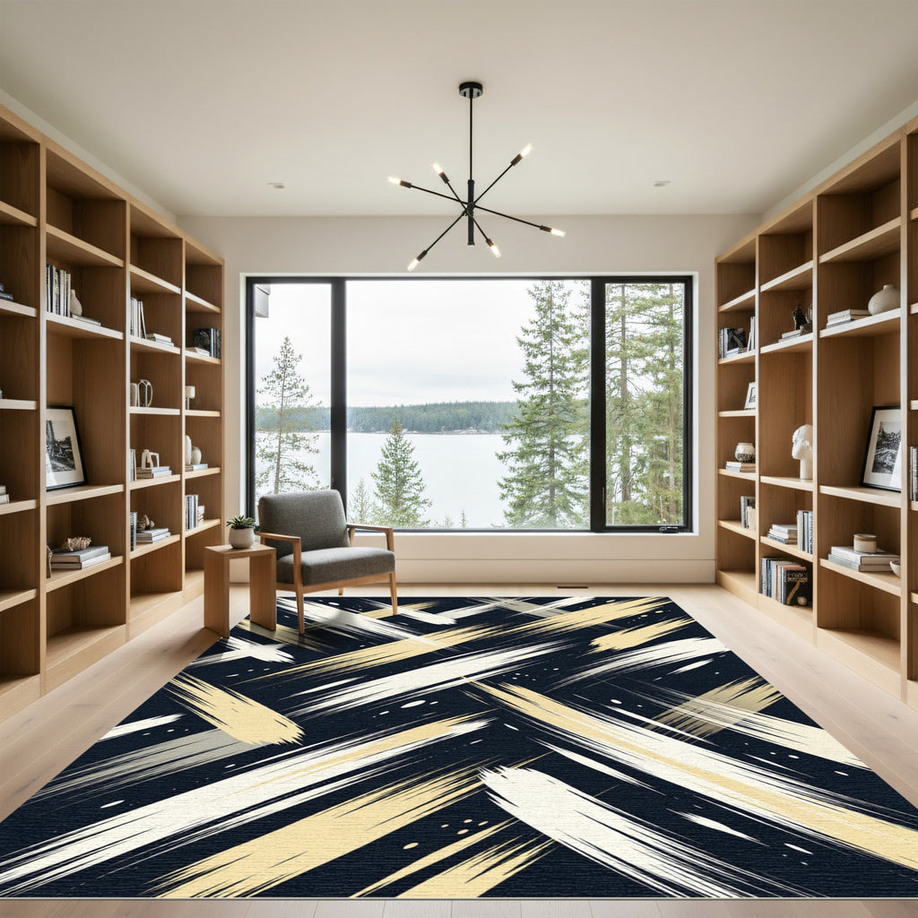 Modern Cream and Gold Brushstroke Rug