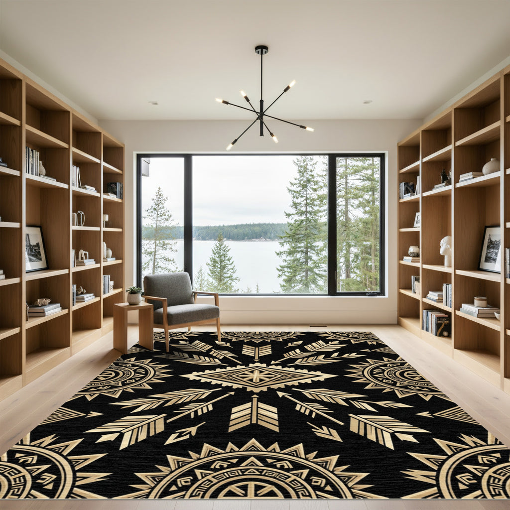 Gold Arrow Geometric Ancestral Black Tapestry Rug