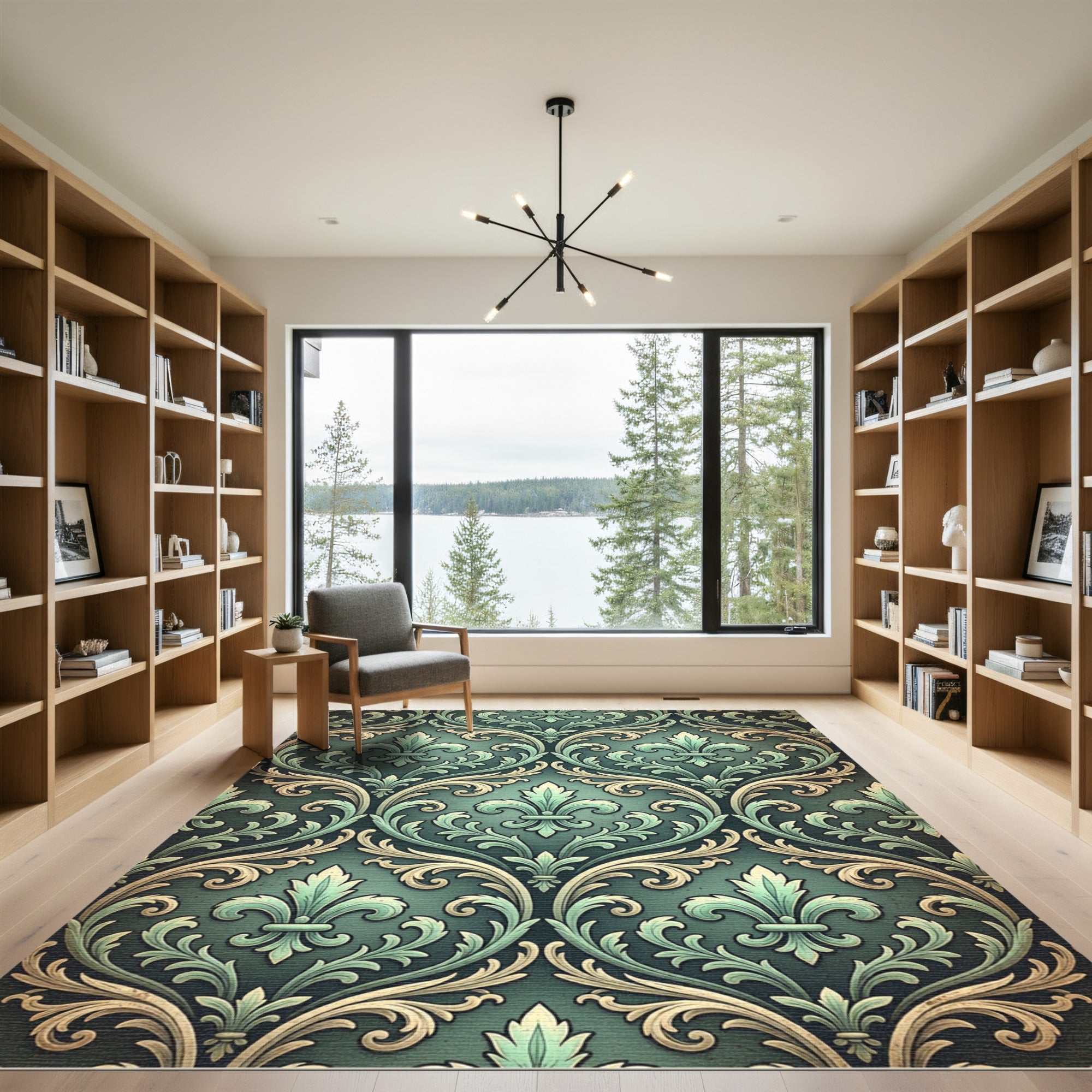 Elegant Green Fleur-de-lis Damask Ornament Rug
