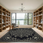 Intricate Black Golden Floral Mandala Rug