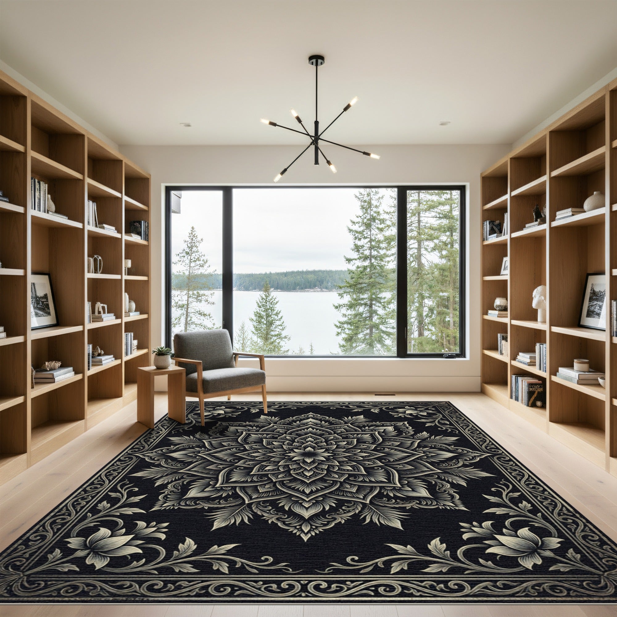 Intricate Black Golden Floral Mandala Rug