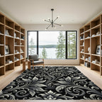 Ornate Black White Floral Scroll Rug