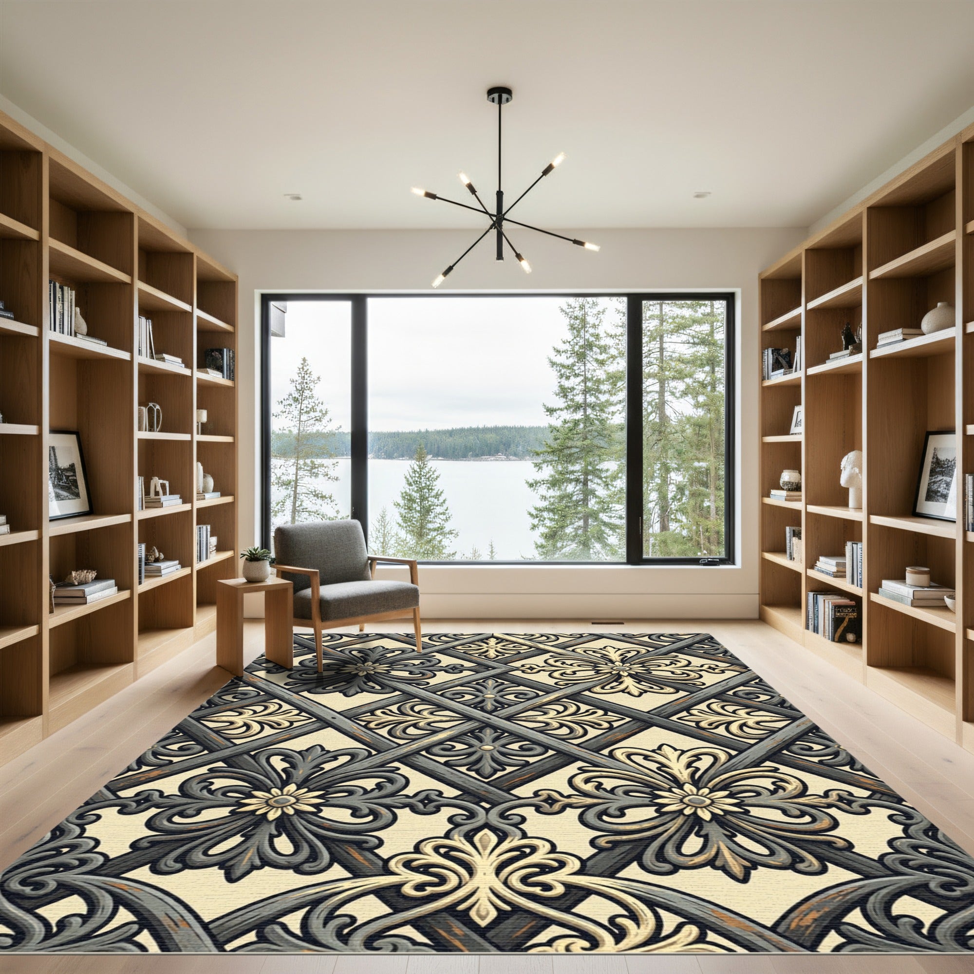 Ornate Gray Floral Lattice Rug