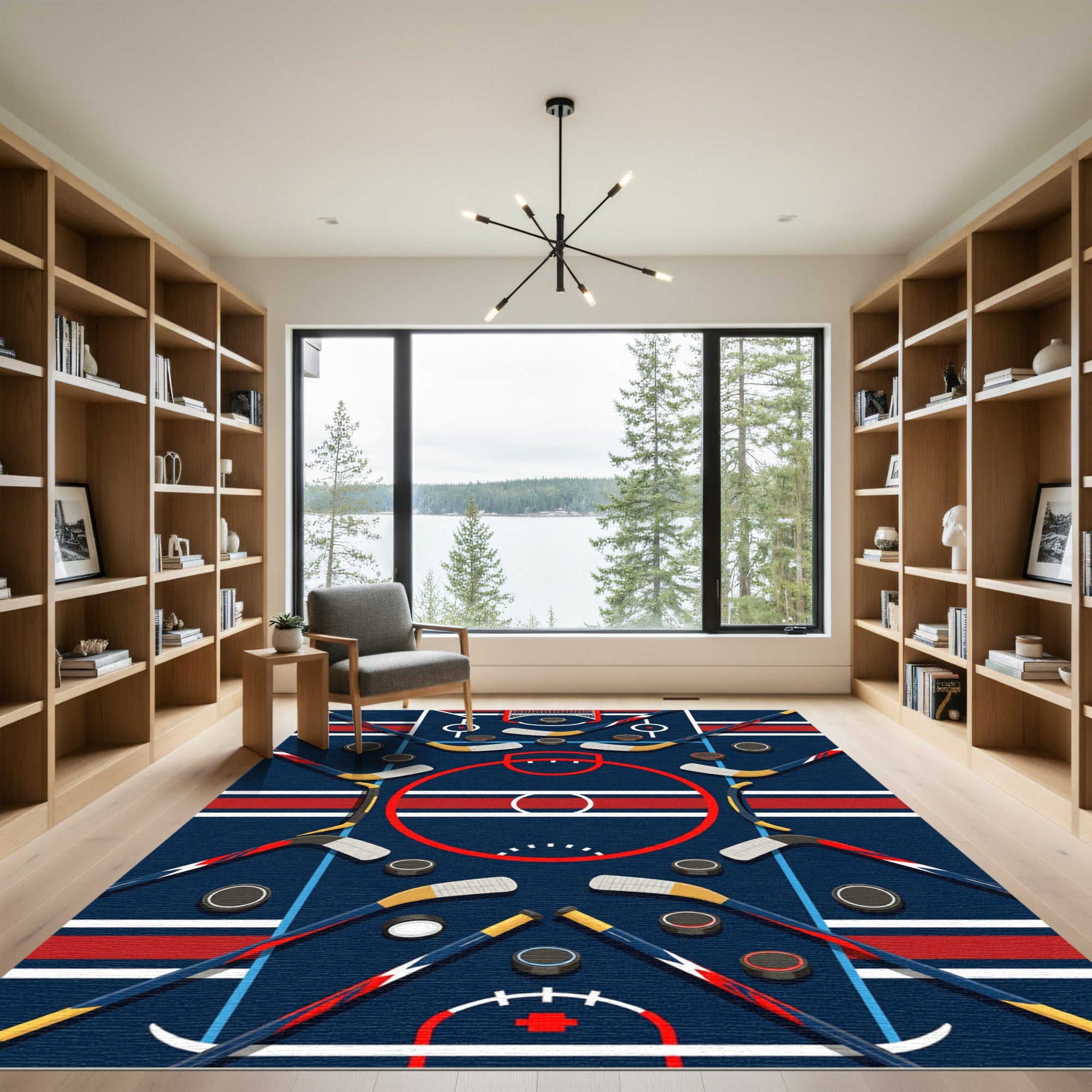 Dynamic Hockey Rink Navy Red Art Rug