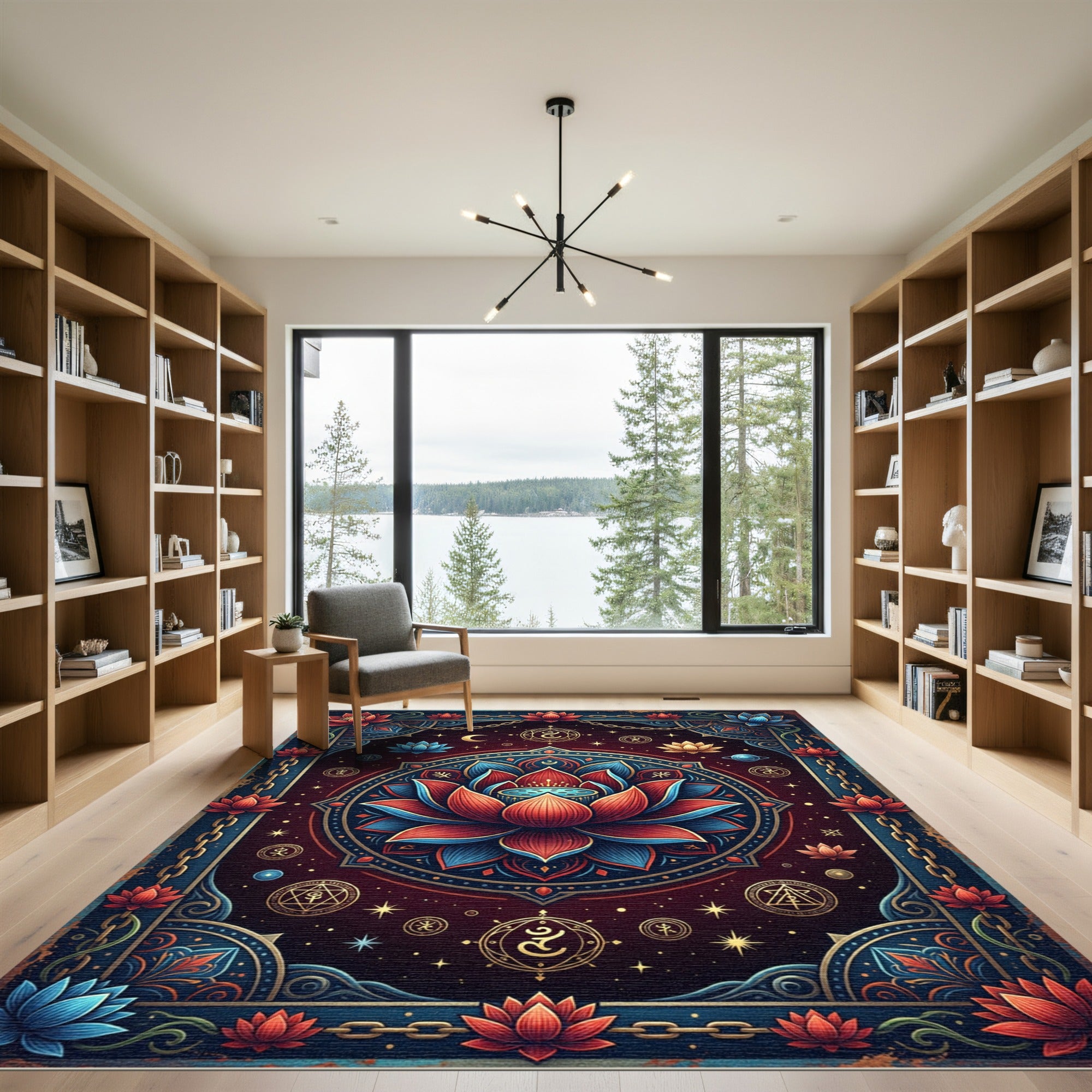 Crimson Blue Lotus Celestial Mandala Rug